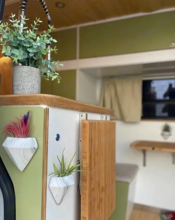 This RV rental's clever interior design features a compact kitchen, plants, and a folding table for optimal space.. Mercedes Sprinter 2012