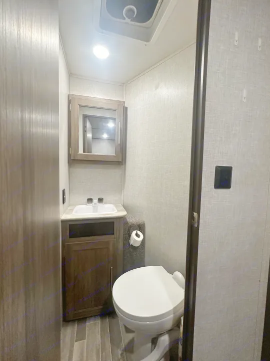 Clean, compact RV rental bathroom: sink, toilet, mirrored cabinet, bright light, and textured walls.. Crossroads RV Zinger 2020