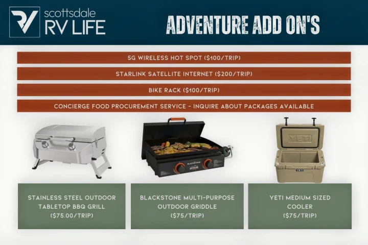 RV rental add-ons: 5G, Starlink, bike rack, concierge food, BBQ grill, griddle, & Yeti cooler for your adventure trip.. Entegra Coach Odyssey SE 2024