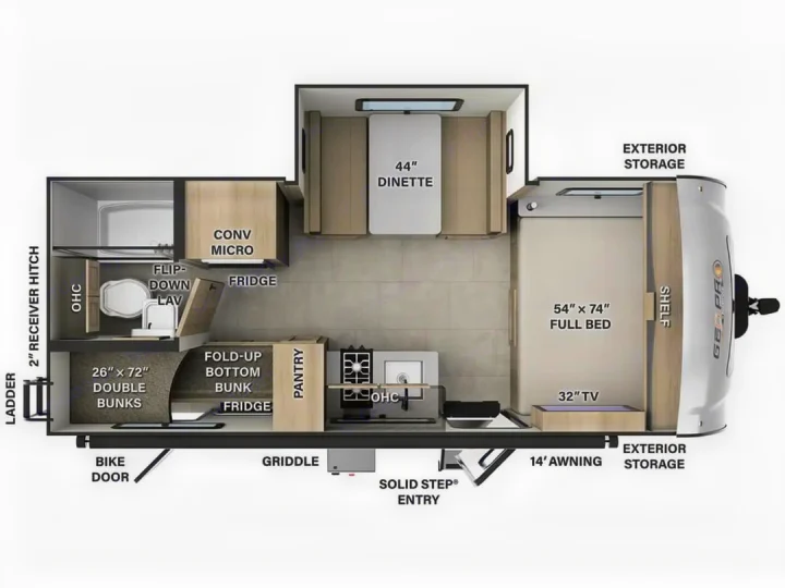 See this RV rental's detailed floor plan: full bed, bunks, dinette, kitchen, bath. Perfect for your next trip!. Forest River RV Rockwood GEO Pro 2025