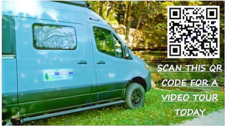 Light blue RV rental camper van parked on grass. Scan QR code for a video tour of this recreational vehicle.. Mercedes Winnebago Revel 2023