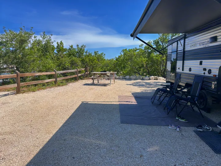 Spacious RV rental campsite with a travel trailer, awning, chairs, picnic table, and wooden fence overlooking greenery.. Forest River Cherokee 2022