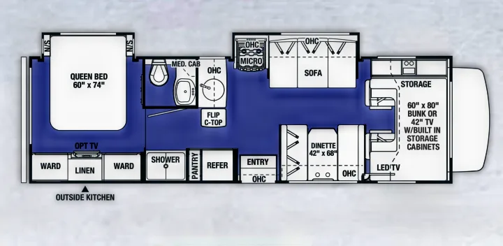 Detailed RV rental floor plan showcasing a queen bed, kitchen, dinette, sofa, bathroom, and bunk area with storage.. Forest River Sunseeker 2017
