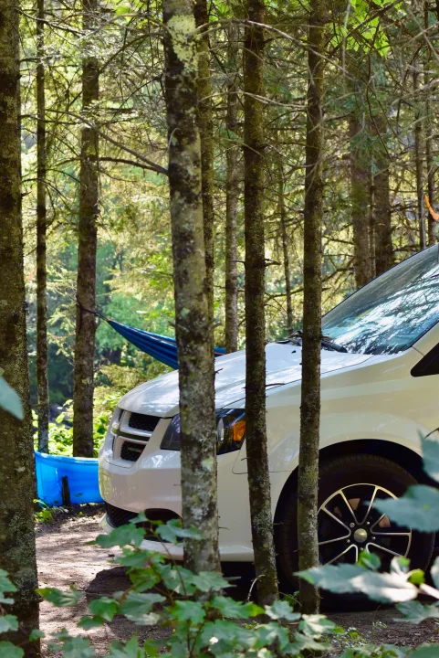 A white minivan (Dodge) parked in a sunny forest setting, ideal for an **RV rental** camping adventure. A blue hammock hangs nearby.. Dodge Dodge Grand Caravan GT 2017 2017