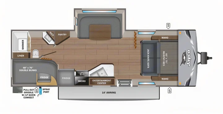 RV rental floor plan: Jayco RV featuring a kitchen, bath, dinette, double bunks, Murphy bed, and a 14' awning.. jayco 235MBH Jay Flight TT 2025