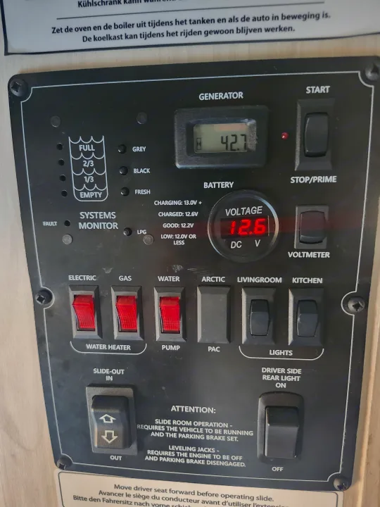 RV rental control panel, showing generator, battery (12.6V), tank levels, and controls for water, lights, slide-out systems.. Forester LE 2023