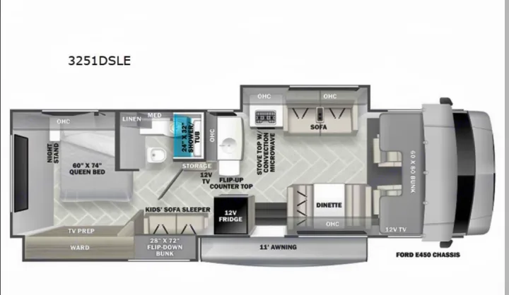 This RV rental floor plan showcases the 3251DSLE model's interior, including a queen bed, bunks, kitchen, and living areas.. Forester LE 2023