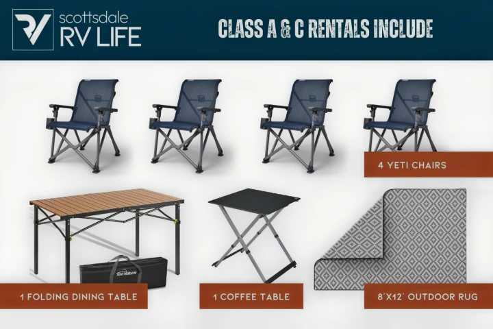 RV rental inclusions: 4 Yeti chairs, folding dining table, coffee table, and 8'x12' outdoor rug.. Entegra Esteem 2025