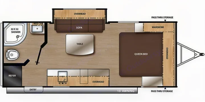 This RV rental floor plan shows a spacious interior layout: Queen bed, bath (32x32 shower), kitchen, sofa, table, and ample storage.. Coachmen Catalina Summit Series 7 2022
