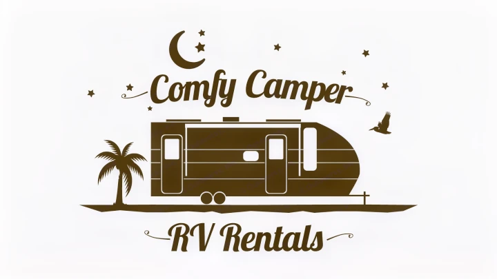 Comfy Camper RV Rentals logo features a travel trailer, palm tree, and celestial elements for memorable camping trips.. Keystone RV Outback 2021