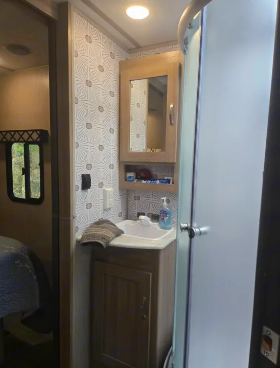 Compact RV rental bathroom: a sink, wood vanity, mirrored cabinet, patterned wall, and frosted shower stall are visible.. Coachmen Forest River Freedom Express Liberty Series M-320 BHDS 2021