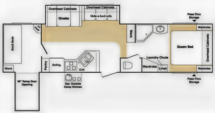 Spacious RV rental floor plan detailing a camper layout with queen bed, bunk beds, kitchen, bathroom, and ramp door for gear.. Keystone RV Outback Sydney 2007