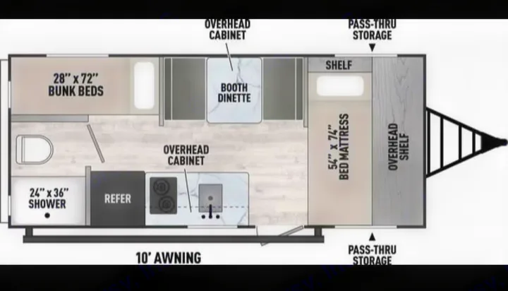 RV rental floor plan: 28"x72" bunk beds, 54"x74" bed, shower, dinette, kitchen. Visualize your next rv rental.. Clipper 17BH 2018