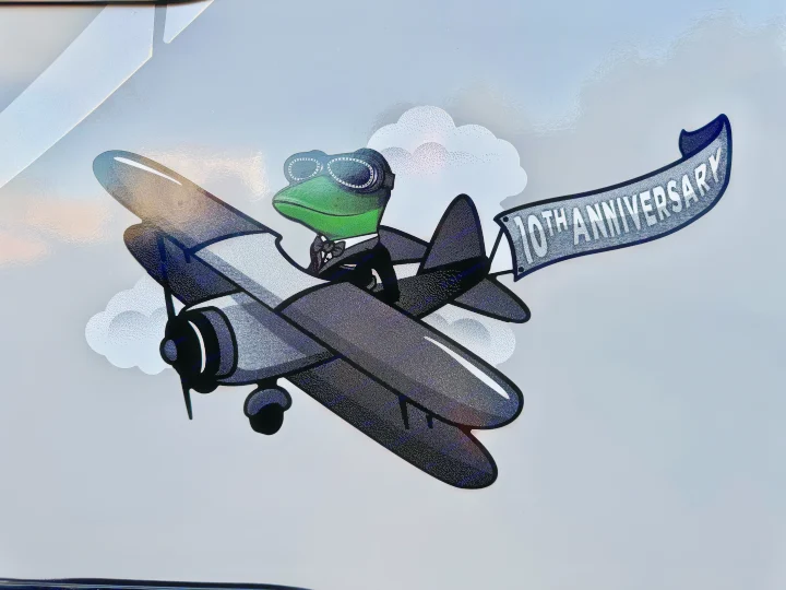 A cheerful pilot frog in a biplane pulling a "10TH ANNIVERSARY" banner, a fun decal on an RV rental.. Forest River RPod 189 2019