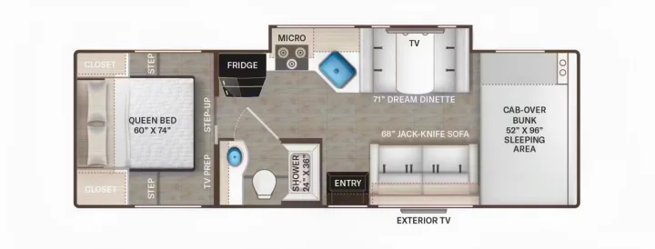 Detailed RV rental floor plan. Features a queen bed, dinette, jack-knife sofa, kitchen, bath, and cab-over bunk.. Thor Freedom Elite 2024