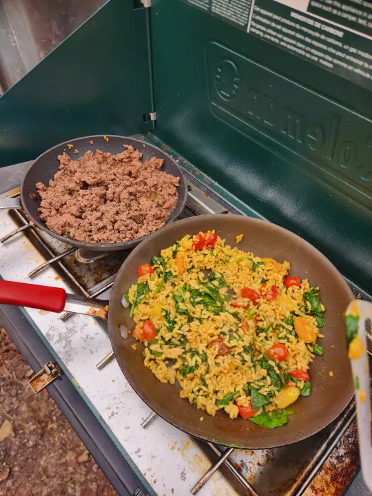 RV rental outdoor cooking: ground meat & a colorful rice skillet with spinach & tomatoes on a portable camping stove.. Chevrolet Silverado 1500 Trail Boss 2020