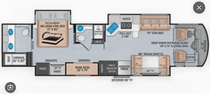 This RV rental floor plan illustrates a spacious interior featuring a king bed, bunk beds, two bathrooms, kitchen, and living area.. Thor Motor Coach 2023