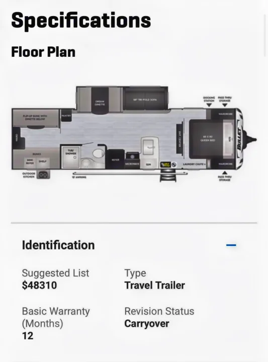 Travel trailer RV rental floor plan and specifications: outlines interior layout with bunks, queen bed, kitchen. Includes price, warranty.. Keystone RV Bullet Ultra Lite 2022
