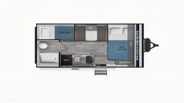 Detailed RV rental floor plan of a travel trailer, featuring a queen bed, double bunk, kitchen, and bathroom.. Heartland RVs Pioneer 2025