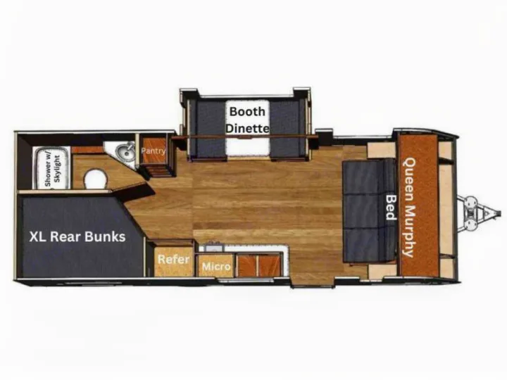 RV rental floor plan: Bunks, dinette, Queen Murphy bed, kitchen with fridge/micro, and full bathroom with skylight.. Eclipse Recreational Vehicles Milan II 2024