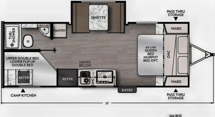Explore this spacious 25' travel trailer floor plan for your next RV rental. Features include a dinette, bunk beds, queen bed, kitchen & bath.. Coachmen Apex 2026