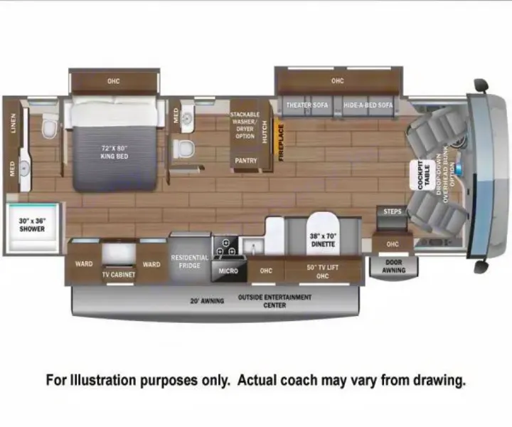 Explore this RV rental's motorhome floor plan. Features king bed, kitchen, dinette, and living areas for comfortable travel.. Jayco Precept 2025