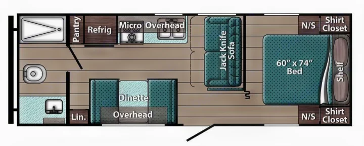 RV rental floor plan: bathroom, kitchen, dinette, sofa, 60"x74" bed, and storage, ideal for your travel trailer journey.. Gulf Stream Ameri Lite 2025
