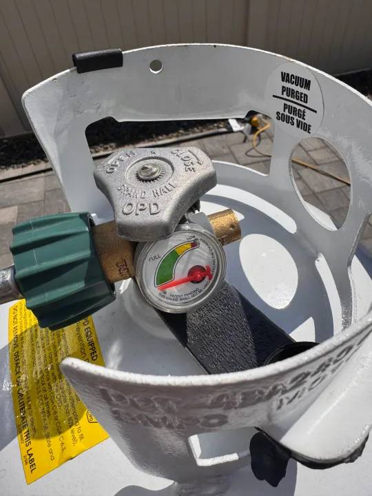 Close-up of an RV rental propane tank showing the gauge needle pointing to low, indicating a refill is needed.. Jayco Jay Flight 2026