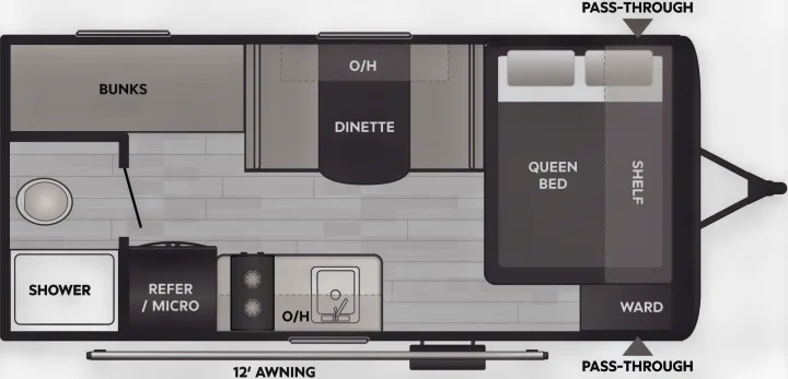 RV rental floor plan. See the interior layout with bunks, queen bed, kitchen, bath, and storage areas detailed.. Keystone Colman 2025