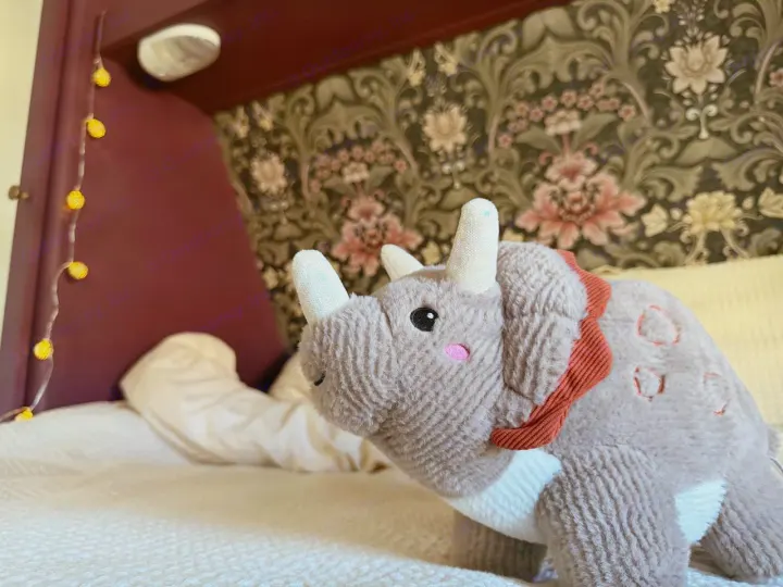 This plush triceratops toy enjoys a comfy bed in a cozy RV rental interior, lit by soft string lights.. Aspen Trail Aspen Trail Trailer 2016