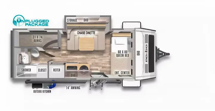 RV rental floor plan: Overhead view of RV interior showing bunks, queen bed, dinette, shower, and outside kitchen.. No Boundaries 19 2021