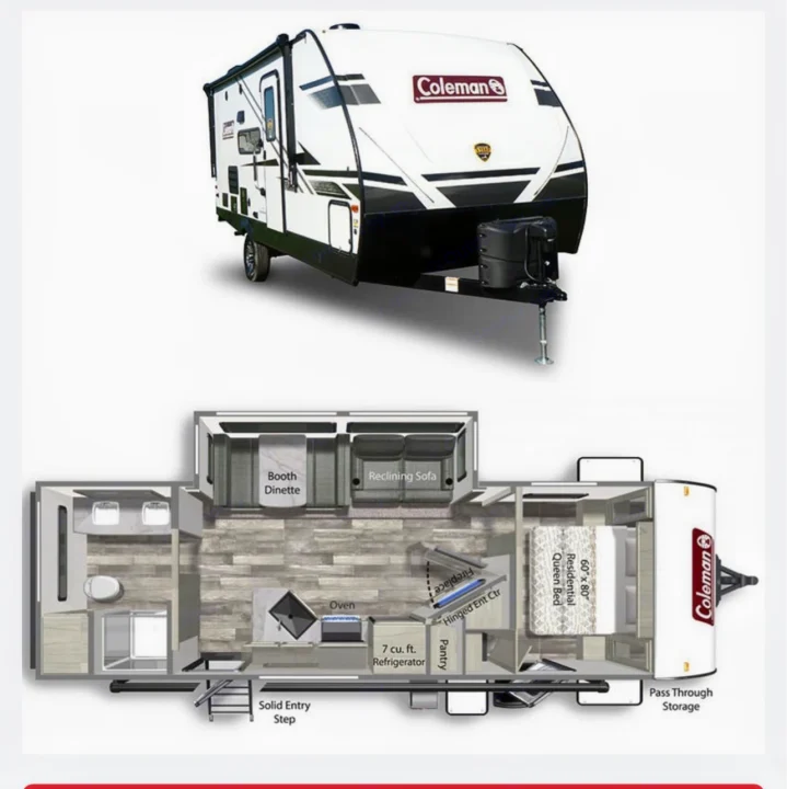 Coleman travel trailer for RV rental. View exterior and detailed floor plan showing queen bed, dinette, and kitchen layout.. Dutchmen Coleman Light 2022