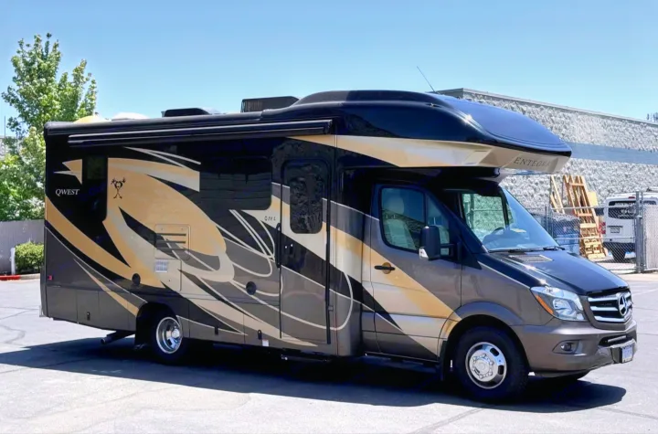 A modern Entegra Qwest RV rental, this black & gold Mercedes-Benz Sprinter motorhome is ready for adventure.. Entegra Coach Qwest 2019