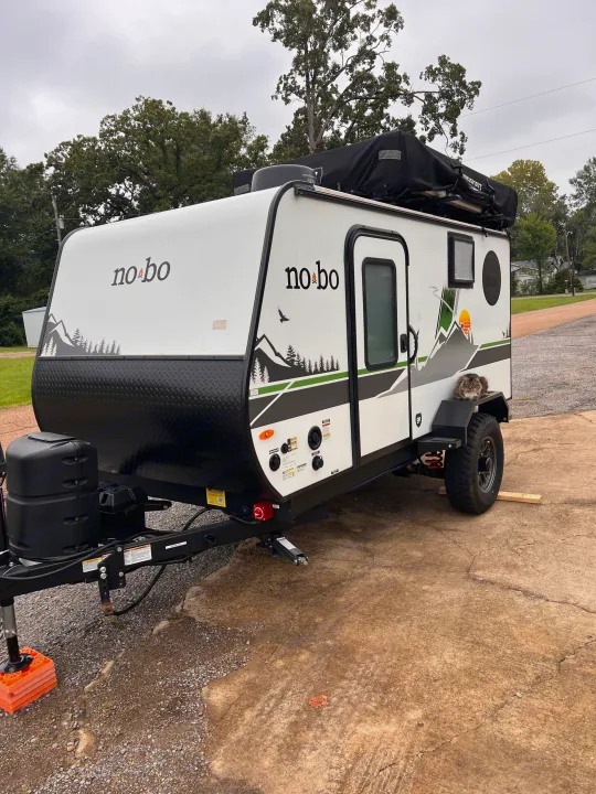 RV rental: No Boundaries travel trailer with rooftop tent, mountain graphics, and a long-haired cat on the fender.. Forest River NoBo 10.7 2024