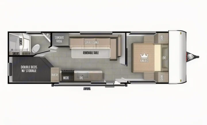 Detailed RV rental floor plan. Features king bed, double bunks, kitchen, Super U-Lounge, and bathroom. Perfect travel trailer layout.. Forest River Salem Cruise Lite 2024