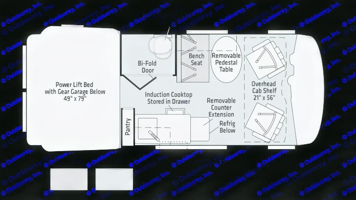 RV rental floor plan for a camper van, showing a power lift bed, compact kitchen with induction cooktop, dining area, and storage.. Winnebago Revel 2024
