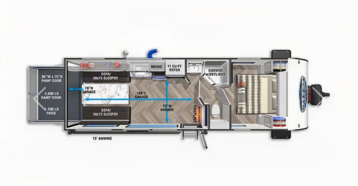 RV rental floor plan: a toy hauler layout with rear garage & sleeper sofas, kitchen, bath, and a front bedroom.. Forest River Salem 2021