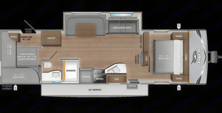 Explore this RV rental's detailed floor plan: queen bed, bunk beds, kitchen, bath, and convertible sofas provide spacious interior comfort.. Jayco Jay Jay Flight 294QBS 2025