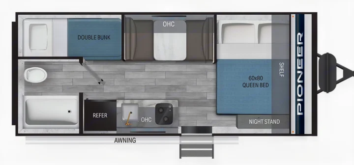 RV rental travel trailer floor plan. Features a queen bed, double bunk, kitchen, and full bathroom.. Heartland Pioneer 2025