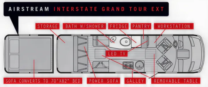 Overhead floor plan of an Airstream Interstate Grand Tour EXT rv rental, showing bed, galley, bath, and seating layout.. Airstream Interstate 2017
