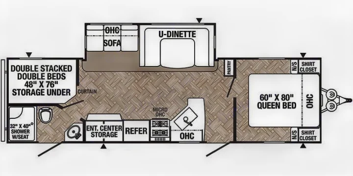 RV rental floor plan shows a spacious travel trailer interior with queen bed, bunks, U-dinette, kitchen, and full bath.. Forest River Palomino Puma 2022