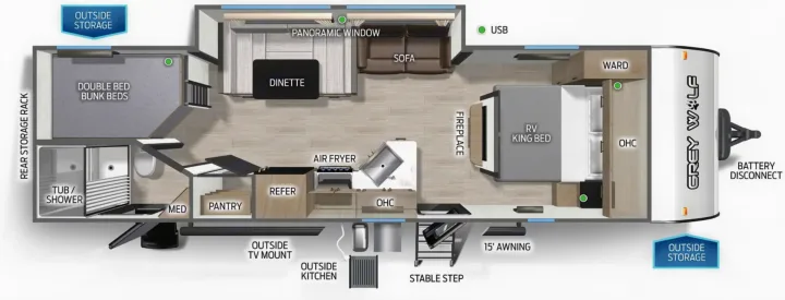 Explore this Grey Wolf RV rental floor plan: double bed bunk beds, RV king bed, dinette, kitchen, and bath amenities.. Forest River Cherokee Grey Wolf 2026