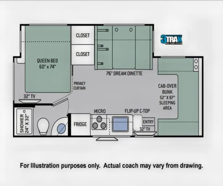 This RV rental floor plan illustrates an interior layout with a queen bed, dinette, bunk, kitchen, and bath amenities.. Thor Chateau 2019