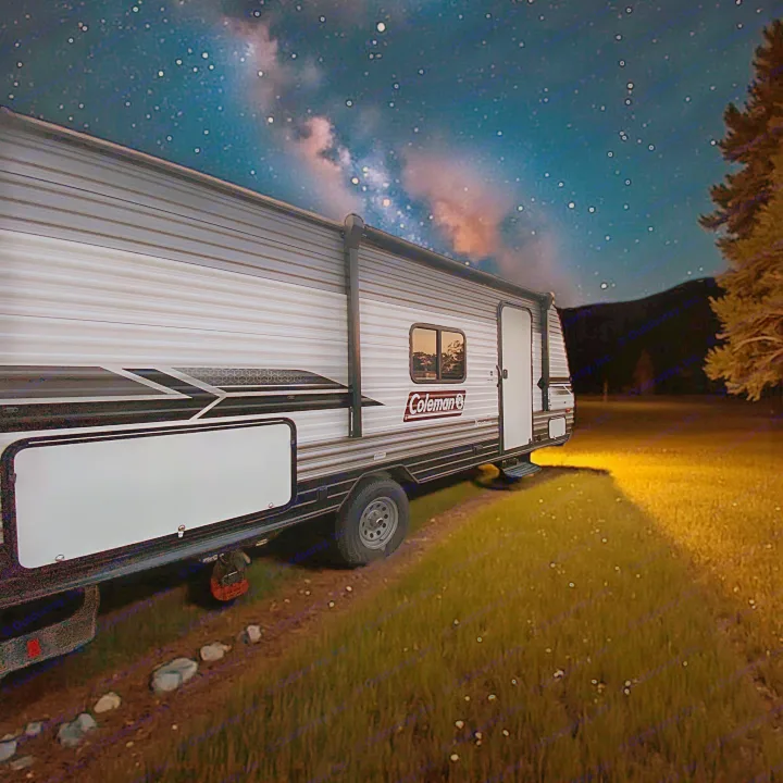 A Coleman RV rental lit by its own light, parked under a breathtaking starry night sky with the Milky Way visible.. Dutchmen Coleman Lantern LT 2022