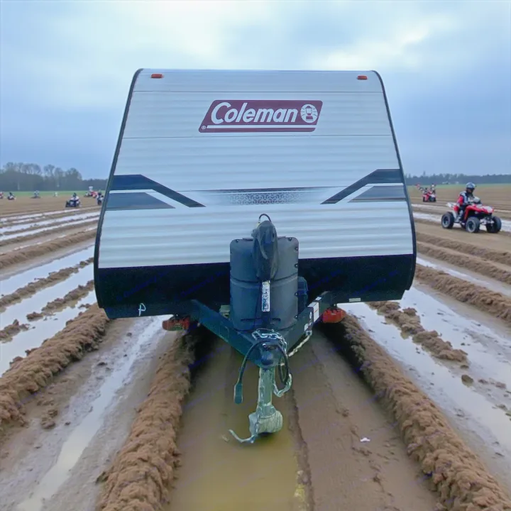 A Coleman RV rental is parked on a muddy, rutted track, with ATVs riding in the background. An adventurous outdoor scene.. Dutchmen Coleman Lantern LT 2022