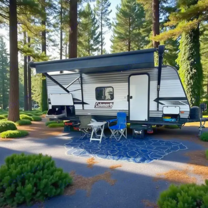 Cozy Coleman RV rental setup at a shaded campsite, complete with outdoor living space and grill for your adventure.. Dutchmen Coleman Lantern LT 2022