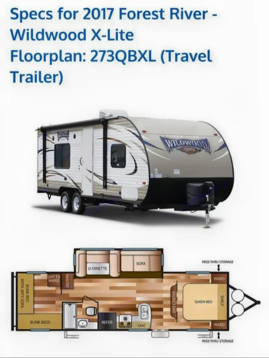 Detailed floorplan & exterior of a 2017 Wildwood X-Lite travel trailer, ideal for RV rental with queen & bunk beds.. Forest River Wildwood X-Lite 2017
