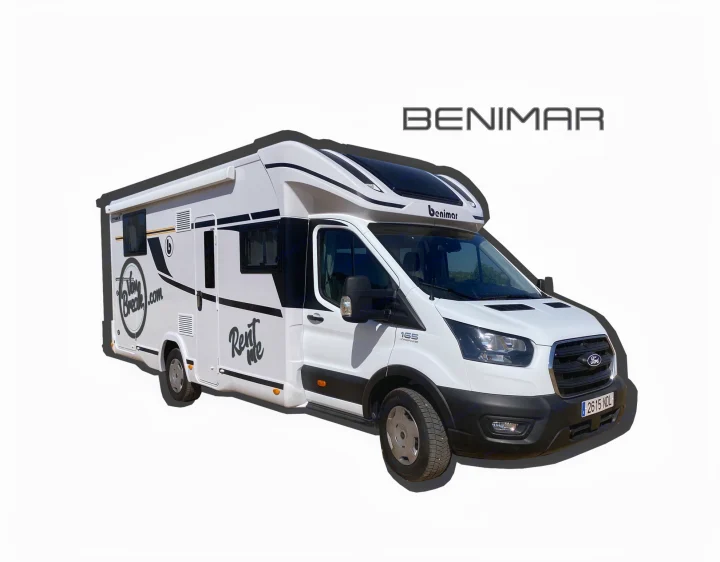 White Benimar camper van for rv rental, featuring black accents and a Ford front. Ready for your next adventure!. Benimar Tessoro 463UP 2025