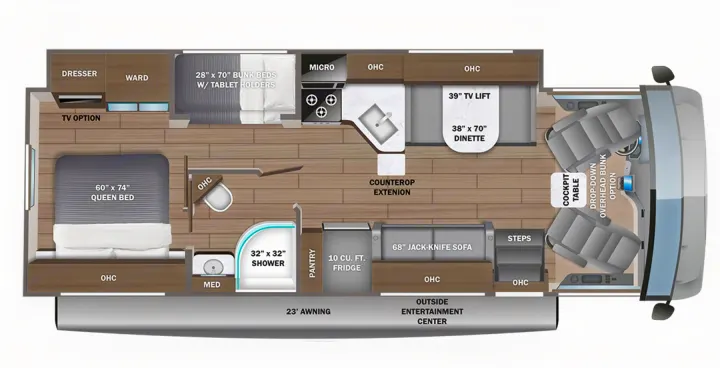 Explore this comprehensive rv rental floor plan, featuring queen bed, bunk beds, dinette, full kitchen, and bathroom layout.. Jayco Alante 2024