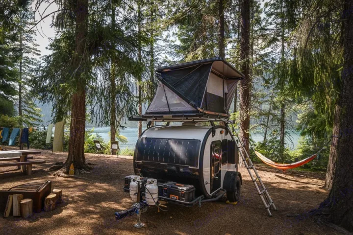 An RV rental trailer with a rooftop tent is parked by a scenic lake for a peaceful camping trip.. Bean Trailer Bean Stock 2022